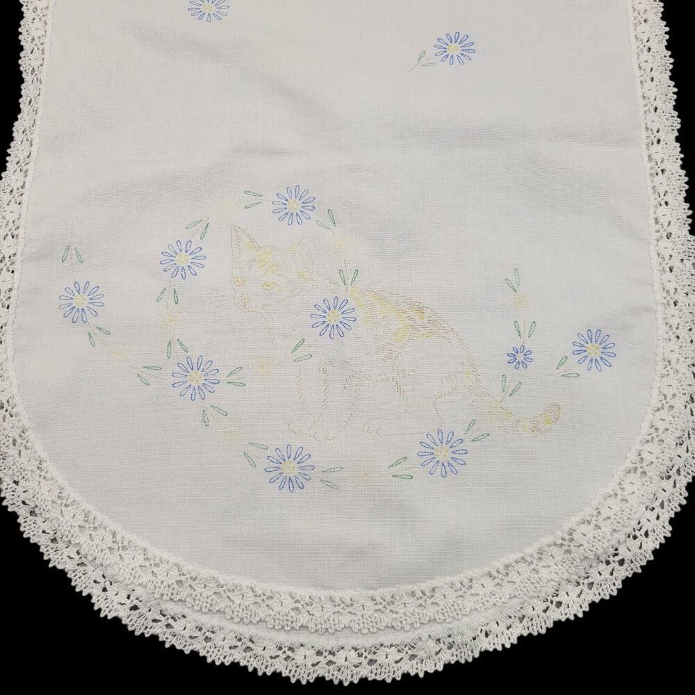 Vintage Embroidery Project White Table Runner Cat & Flowers Lace Trim 36" x 12"